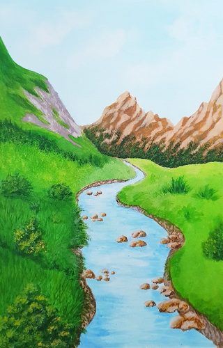 Lorna, Mountain and valley stream, acrylic.